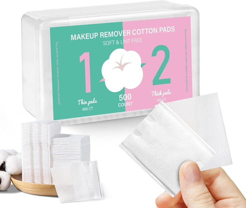 ICOTLE Square Makeup Cotton Pads, 100 Thick and 400 Ultra-Thin, Soft, Lint-Free Pads for Makeup Removal, Toner Application and Daily Skincare - Image 1
